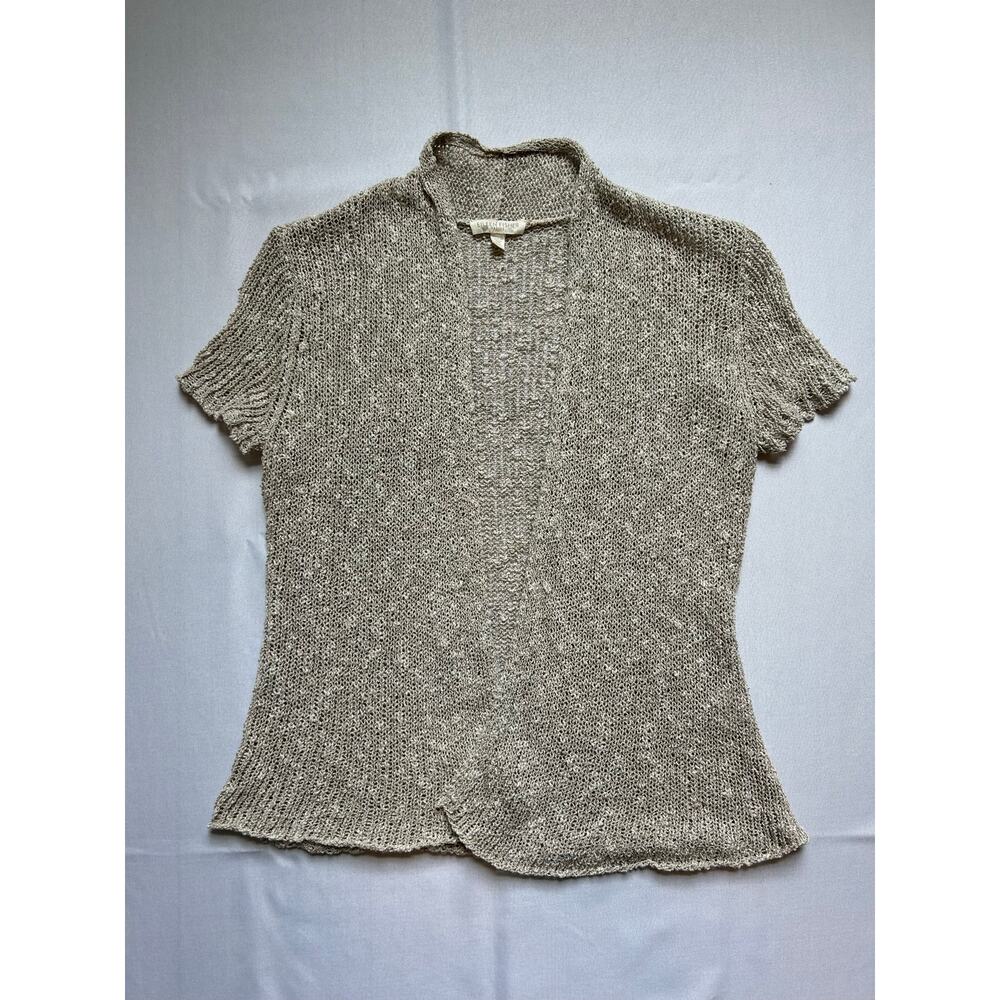 Eileen Fisher Linen Blend Open Front Short Sleeve Cardigan Beige Petite Medium
